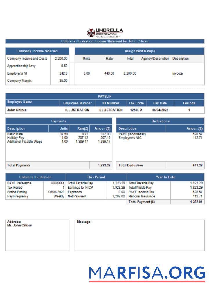 Realistic USA Umbrella pharmaceutical company pay stub example
